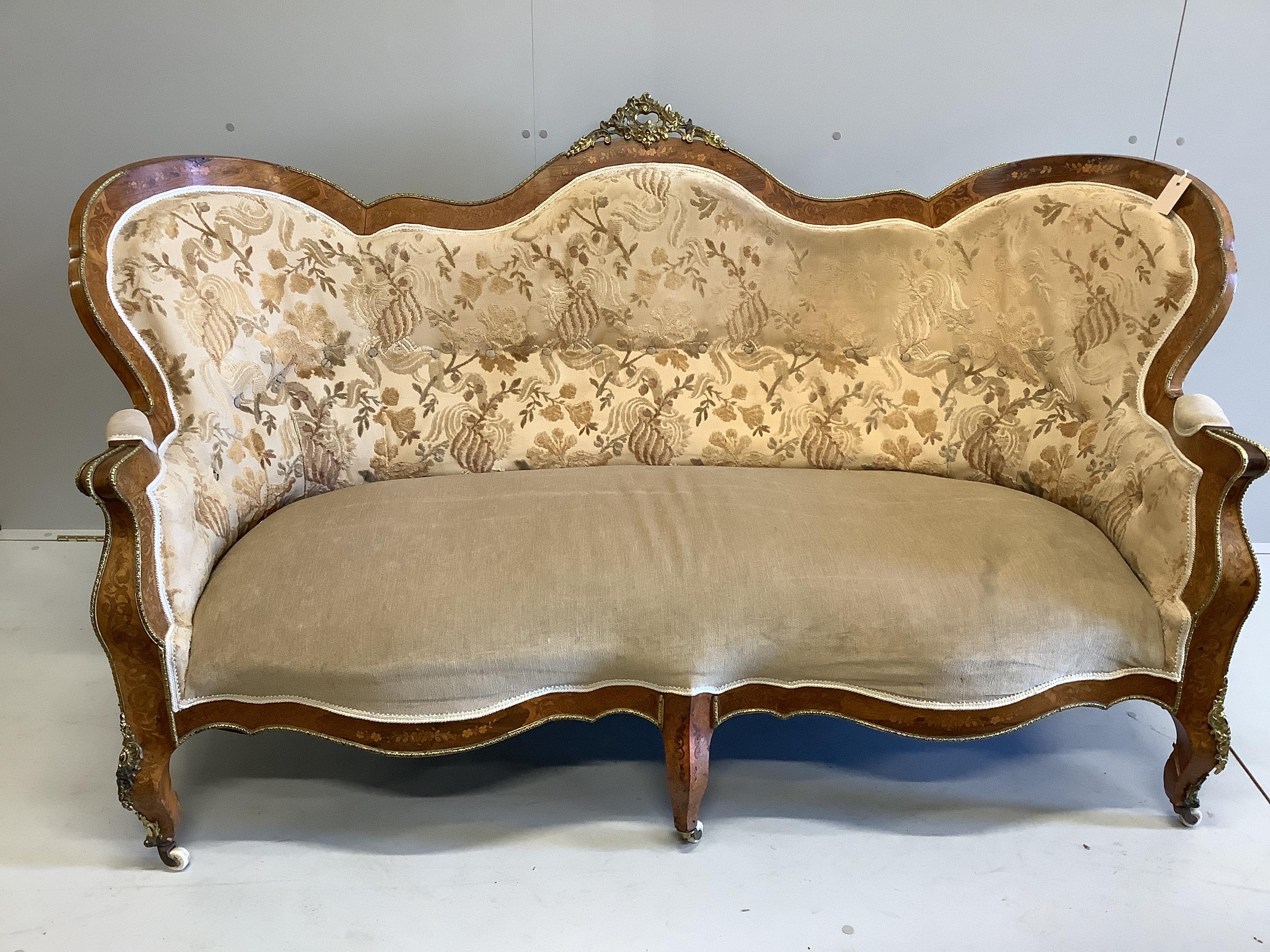 A 19th century French gilt metal mounted marquetry inlaid rosewood settee, width 184cm, depth 92cm, height 96cm